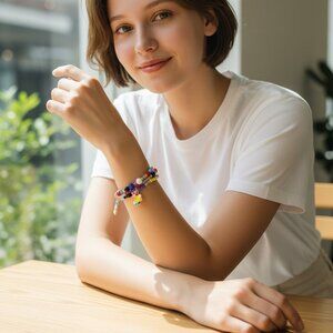 Fun Vibrant Multicolored Whimsical Beaded Wrap Bracelet Rainbow Smiley Face